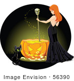 #56390 Royalty-Free (Rf) Clip Art Illustration Of A Cat By A Sexy Red Haired Witch Stirring A Spell In A Pumpkin Cauldron On A Green
