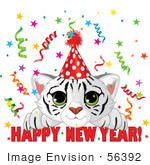 #56392 Royalty-Free (Rf) Clip Art Illustration Of A Cute White Tiger Cub Wearing A Party Hat And Looking Over A Happy New Year Greeting With Confetti