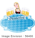#56400 Royalty-Free (Rf) Clip Art Illustration Of A Blue Oktoberfest Sign With A Blond Woman Serving Frothy Beers