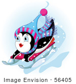 #56405 Royalty-Free (Rf) Clip Art Illustration Of A Cute Penguin Looking Up While Sledding Down A Hill In The Snow