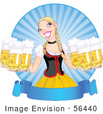 #56440 Royalty-Free (Rf) Clip Art Illustration Of A Blond Beer Maiden Serving Frothy Beers At Oktoberfest Over A Blank Blue Banner