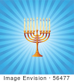#56477 Royalty-Free (Rf) Clip Art Illustration Of A Gold Hanukkah Hanukkiya Menorah On A Blue Shining Background