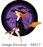#56517 Royalty-Free (Rf) Clip Art Illustration Of A Sexy Redhead Witch Flying In Front Of A Purple Full Moon With Bats