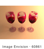 #60861 Royalty-Free (Rf) Illustration Of Three 3d Glasses Of Red Wine With Continents On The Glass - Version 3