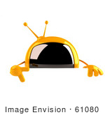 #61080 Royalty-Free (Rf) Illustration Of A 3d Yellow Square Television Character Pointing Down And Standing Behind A Blank Sign