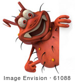 #61088 Royalty-Free (Rf) Illustration Of A 3d Virus Mascot Pointing To And Looking Around A Blank Sign