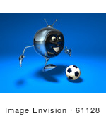 #61128 Royalty-Free (Rf) Illustration Of A 3d Chrome Tv Character Playing Soccer - Version 2