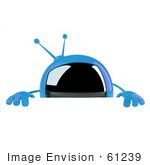 #61239 Royalty-Free (Rf) Illustration Of A 3d Blue Square Tv Mascot Standing Behind A Blank Sign