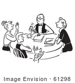 #61298 Cartoon Of A Sketch Of A Happy Family Having A Meeting About The Budget, In Black And White - Royalty Free Vector Clipart by JVPD