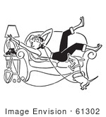 #61302 Cartoon Of A Weiner Dog And Lady Laying On A Couch While Talking On A Landline Telephone In Black And White - Royalty Free Vector Clipart