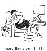 #61311 Cartoon Of A Lady Writing A Thoughtful Letter In A Chair In Black And White - Royalty Free Vector Clipart