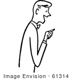 #61314 Cartoon Of A Friendly Man Pointing While Talking In Black And White - Royalty Free Vector Clipart