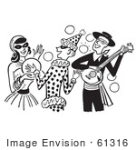 #61316 Cartoon Of A Banjo Player Gypsy And Clown At A Halloween Costume Party In Black And White - Royalty Free Vector Clipart