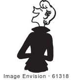 #61318 Cartoon Of A Rear View Of A Jolly Lady Laughing In Black And White - Royalty Free Vector Clipart