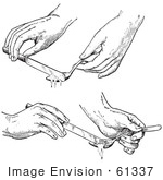 #61337 Retro Clipart Of Hands Measuring And Leving Off Ingredients In Spoons With Knives In Black And White - Royalty Free Vector Illustration by JVPD