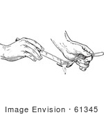 #61345 Retro Clipart Of Hands Removing Half A Spoon Full Of An Ingredient With A Knife In Black And White - Royalty Free Vector Illustration by JVPD