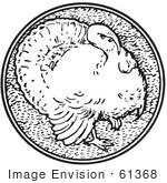 #61368 Retro Clipart Of A Vintage Thanksgiving Turkey Bird Design In Black And White - Royalty Free Vector Illustration