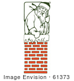 #61373 Clipart Of A Retro Green Santa Claus With A Sack Climbing Into A Brick Chimney - Royalty Free Vector Illustration