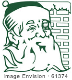 #61374 Clipart Of A Retro Green Jolly Santa Claus Against A Brick Chimney - Royalty Free Vector Illustration
