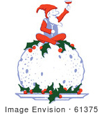 #61375 Clipart Of A Retro Santa Toasting On Top Of A Christmas Plum Pudding - Royalty Free Vector Illustration