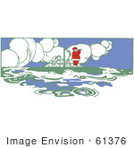 #61376 Clipart Of A Retro Santa Looking Through A Telescope On A Christmas Boat - Royalty Free Vector Illustration