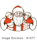 #61377 Clipart Of A Retro Jolly Santa Claus Hugging Two Happy Children - Royalty Free Vector Illustration