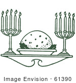 #61390 Clipart Of A Retro Green Christmas Plum Pudding Dessert And Candelabras - Royalty Free Vector Illustration