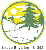 #61392 Clipart Of A Retro Christmas Circle Scene Of Evergreens And A Cabin - Royalty Free Vector Illustration