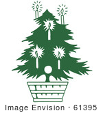 #61395 Clipart Of A Retro Green Potted Live Christmas Tree Decorated With Illuminated Candles - Royalty Free Vector Illustration