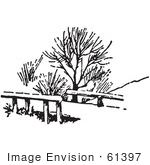 #61397 Retro Clipart Of A Vintage Winter Bridge And Bare Trees In Black And White - Royalty Free Vector Illustration