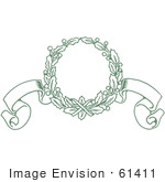 #61411 Clipart Of A Retro Green Christmas Holly Wreath And Ribbon Banners - Royalty Free Vector Illustration