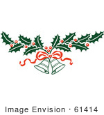 #61414 Clipart Of A Retro Christmas Holly Sprig And Bells With A Bow - Royalty Free Vector Illustration