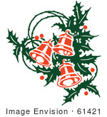 #61421 Clipart Of Retro Christmas Holly Sprig And Ringing Bells - Royalty Free Vector Illustration