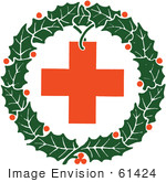#61424 Clipart Of A Retro Christmas Holly Wreath And Red Cross - Royalty Free Vector Illustration