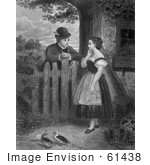 #61438 Retro Clipart Of A Young Couple Flirting At A Fence With Ducks In The Yard, In Black And White - Royalty Free Illustration by JVPD