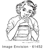 #61452 Retro Clipart Of A Vintage Teen High School Girl Thinking Over Books In Black And White - Royalty Free Vector Illustration