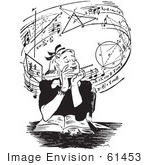 #61453 Retro Clipart Of A Vintage Teen Girl Daydreaming Of Music And Mathmatics Over A Book In Black And White - Royalty Free Vector Illustration
