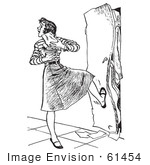 #61454 Retro Clipart Of A Vintage High School Girl With Her Arms Full Of Books Kicking A Full Locker Shut In Black And White - Royalty Free Vector Illustration