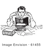 #61455 Retro Clipart Of A Vintage Teenage Boy Plugging His Ears In A Noisy Library In Black And White - Royalty Free Vector Illustration