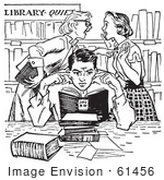 #61456 Retro Clipart Of Vintage Teenage Girls Gossiping Behind A Boy Covering His Ears In A Library In Black And White - Royalty Free Vector Illustration by JVPD