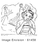 #61458 Retro Clipart Of A Vintage Teen High School Girl Daydreaming Of Careers Over Books In Black And White - Royalty Free Vector Illustration