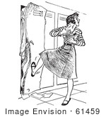 #61459 Retro Clipart Of A Vintage High School Teen Girl With Her Arms Full Of Books Kicking A Full Locker Shut In Black And White - Royalty Free Vector Illustration