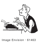 #61463 Retro Clipart Of A Vintage Man Using A Typewriter In Black And White - Royalty Free Vector Illustration