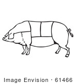 #61466 Clipart Of A Black And White Pig With Butcher Sections Of Meat Cuts - Royalty Free Vector Illustration