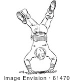 #61470 Retro Clipart Of A Vintage Teenage Boy Break Dancing In Black And White - Royalty Free Vector Illustration