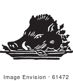 #61472 Retro Clipart Of A Vintage Roasted Hog Pigs Head In Black And White - Royalty Free Vector Illustration