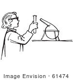 #61474 Retro Clipart Of A Vintage Teen Girl Conducting A Science Experiement In A Lab In Black And White - Royalty Free Vector Illustration
