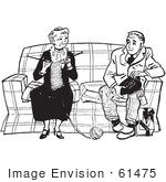 #61475 Retro Clipart Of A Vintage Teenage Boy Talking To A Knitting Lady In Black And White - Royalty Free Vector Illustration