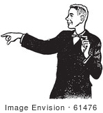 #61476 Retro Clipart Of A Vintage Pointing Teenage Boy In A Tux In Black And White - Royalty Free Vector Illustration