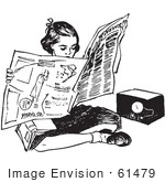 #61479 Retro Clipart Of A Vintage Teen Girl Readig A Newspaper On The Floor In Black And White - Royalty Free Vector Illustration